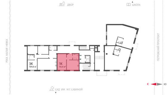 54,4 м², 1-комн. квартира, 1/9 этаж