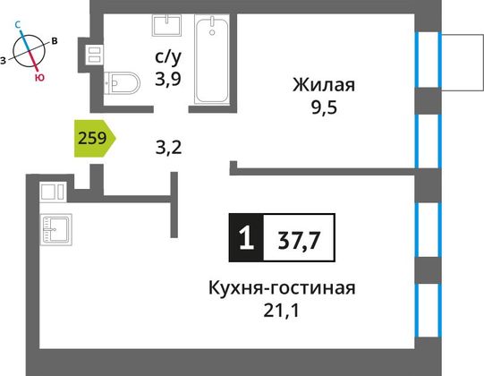 Продажа 1-комнатной квартиры 37,7 м², 3/6 этаж
