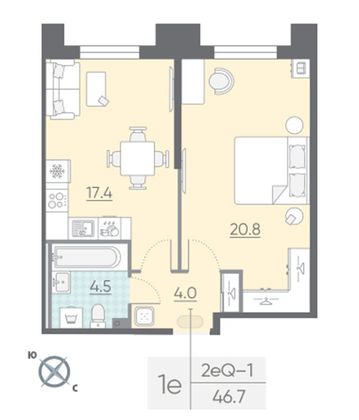 Продажа 1-комнатной квартиры 46,7 м², 2/23 этаж