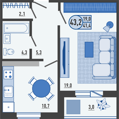 43,3 м², 1-комн. квартира, 13/16 этаж