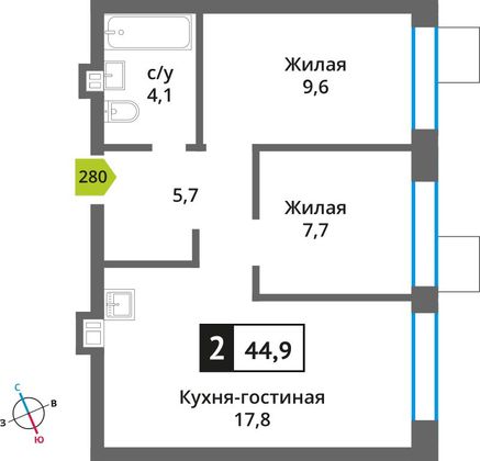 Продажа 2-комнатной квартиры 44,9 м², 6/6 этаж