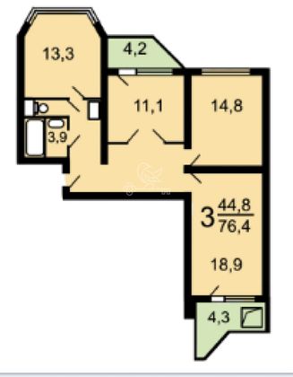 Продажа 3-комнатной квартиры 76 м², 4/15 этаж