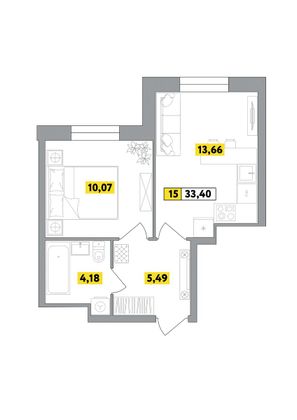 33,4 м², 2-комн. квартира, 1 этаж