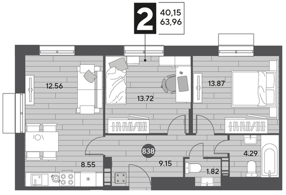 Продажа 2-комнатной квартиры 64 м², 2/9 этаж