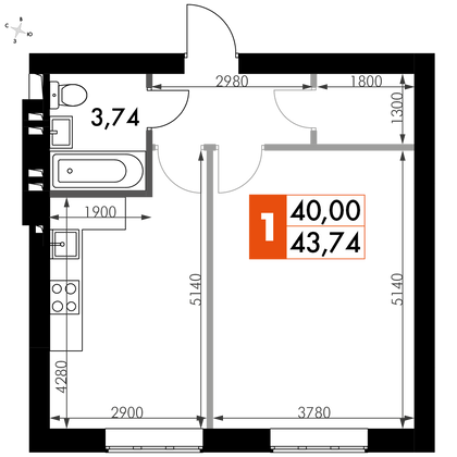 44,1 м², 1-комн. квартира, 4/4 этаж