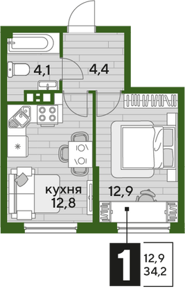 Продажа 1-комнатной квартиры 34,2 м², 5/19 этаж