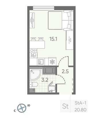 Продажа квартиры-студии 20,8 м², 5/25 этаж