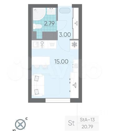 Продажа квартиры-студии 20,7 м², 17/22 этаж