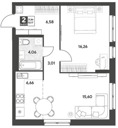 Продажа 2-комнатной квартиры 52,2 м², 21/25 этаж