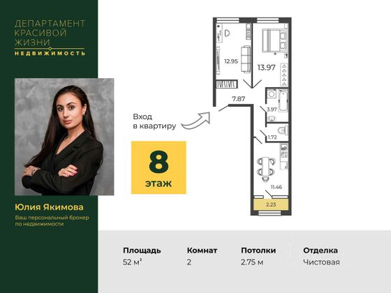 Продажа 2-комнатной квартиры 52 м², 8/12 этаж