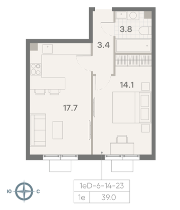 Продажа 1-комнатной квартиры 39 м², 19/23 этаж