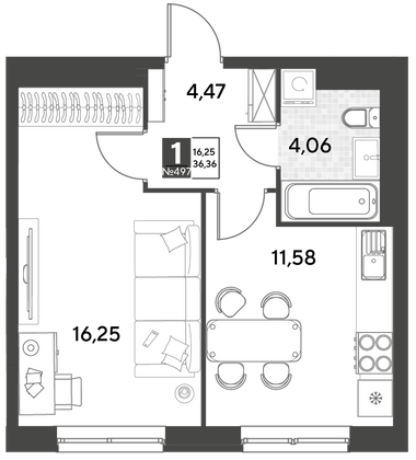 Продажа 1-комнатной квартиры 36,4 м², 16/21 этаж