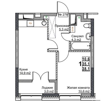 Продажа 1-комнатной квартиры 38,1 м², 18/24 этаж