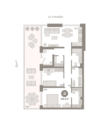 116,4 м², 2-комн. квартира, 1/7 этаж