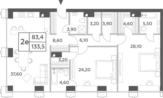 133,5 м², 3-комн. квартира, 51/52 этаж