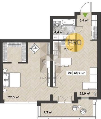 Продажа 1-комнатной квартиры 68,5 м², 11/14 этаж