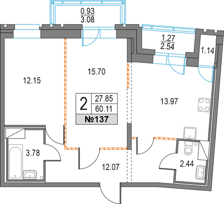 60,1 м², 2-комн. квартира, 5/25 этаж