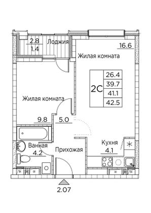 42,5 м², 2-комн. квартира, 21/21 этаж