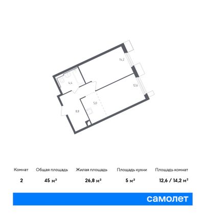 44,9 м², 1-комн. квартира, 27/32 этаж