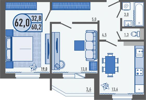 62,3 м², 2-комн. квартира, 5/16 этаж