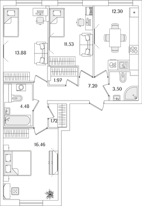 73 м², 3-комн. квартира, 2/9 этаж