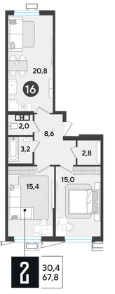 Продажа 2-комнатной квартиры 67,8 м², 3/18 этаж