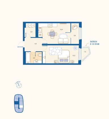 Продажа 1-комнатной квартиры 47,5 м², 3/18 этаж