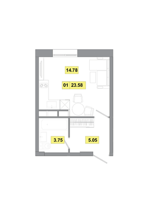 Продажа 1-комнатной квартиры 23,6 м², 1 этаж