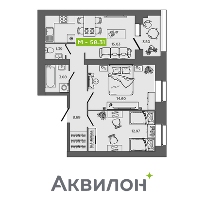 58,3 м², 2-комн. квартира, 4/9 этаж