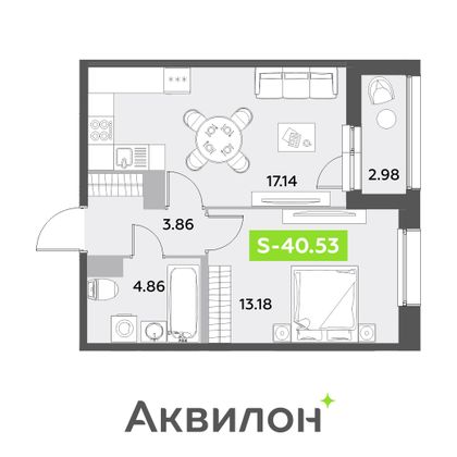 40,5 м², 1-комн. квартира, 3/12 этаж