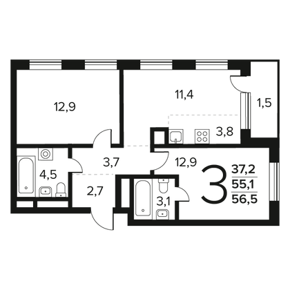 Продажа 3-комнатной квартиры 56,5 м², 9/11 этаж