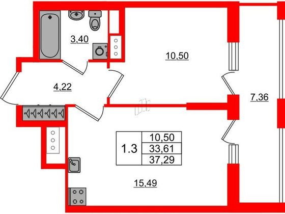 Продажа 1-комнатной квартиры 33,6 м², 20/23 этаж