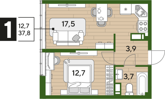 Продажа 1-комнатной квартиры 37,8 м², 15/16 этаж