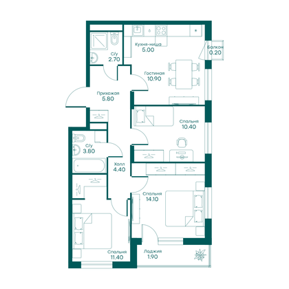 70,6 м², 4-комн. квартира, 3/6 этаж