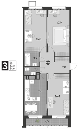 Продажа 3-комнатной квартиры 84,6 м², 11/21 этаж