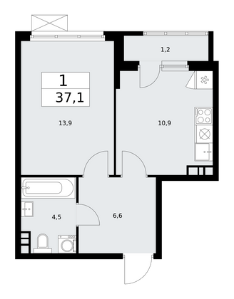 37,1 м², своб. планировка, 5/13 этаж