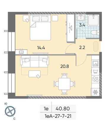 Продажа 1-комнатной квартиры 40,8 м², 14/28 этаж