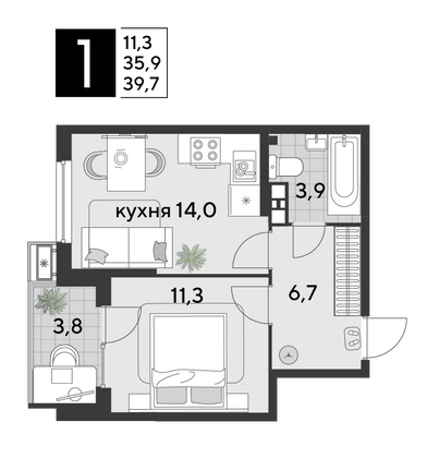 Продажа 1-комнатной квартиры 39,7 м², 9/9 этаж