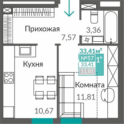 33,4 м², 1-комн. квартира, 1/9 этаж