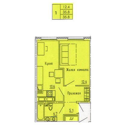 35,8 м², 1-комн. квартира, 13/18 этаж