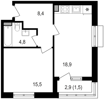 49,1 м², 1-комн. квартира, 11/15 этаж