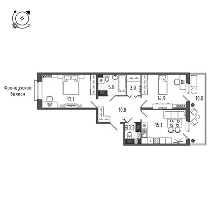 72,9 м², 2-комн. квартира, 2/12 этаж