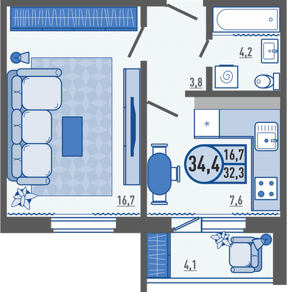 Продажа 1-комнатной квартиры 34,4 м², 2/16 этаж