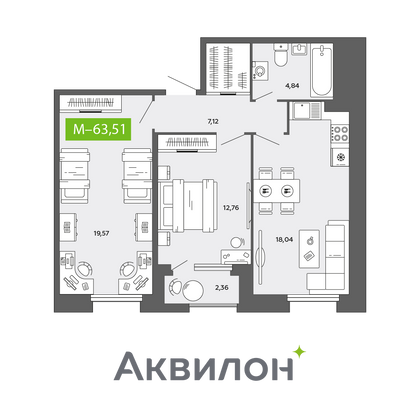 63,5 м², 2-комн. квартира, 10/16 этаж