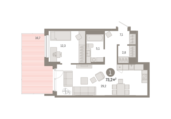 73,2 м², 1-комн. квартира, 1/17 этаж