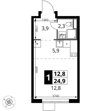 24,9 м², 1-комн. квартира, 18/24 этаж