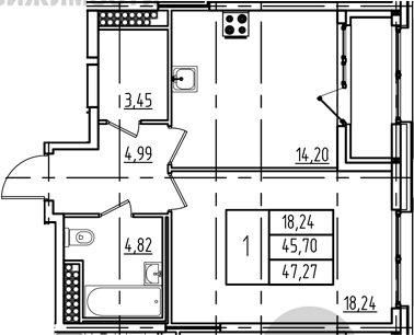 Продажа 1-комнатной квартиры 45,7 м², 18/23 этаж