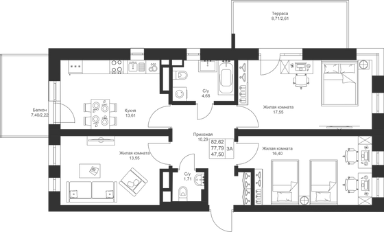 82,6 м², 3-комн. квартира, 2/4 этаж