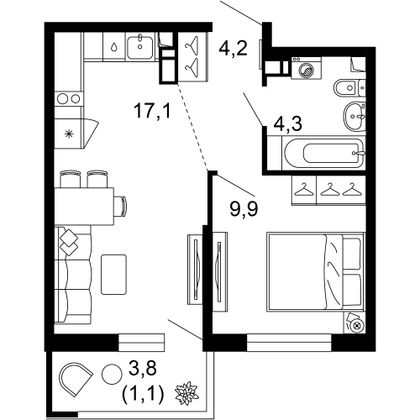 36,6 м², 1-комн. квартира, 2/12 этаж