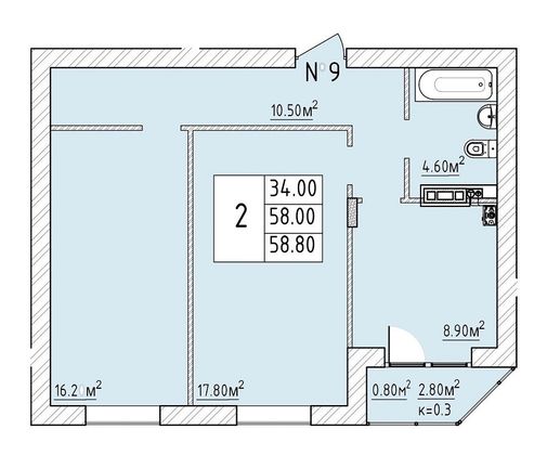 Продажа 2-комнатной квартиры 58 м², 2/3 этаж